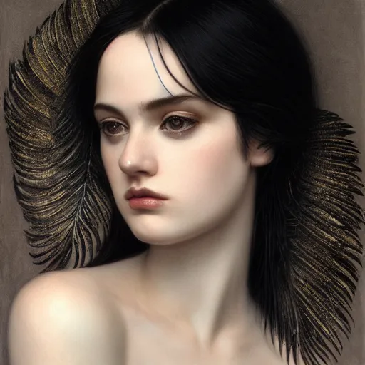 Image similar to highly detailed ilustration of a beautiful cute girl with feathers, endless black hair, with pale skin, by nicola samuri, by dino valls, by m. w. kaluta, rule of thirds, seductive look, 4 k resolution