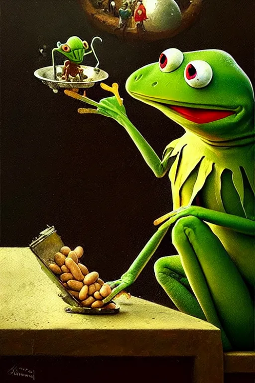 Image similar to hieronymus bosch, greg rutkowski, anna podedworna, painting of kermit the frog eating beans