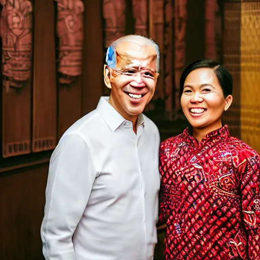 Image similar to A Photo Portrait of Joe Biden Wearing Indonesian Batik Tulis at a fancy Balinese restaurant, award winning photography, sigma 85mm Lens F/1.4, blurred background, perfect faces