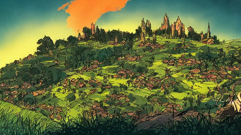 Image similar to a genndy tartakovsky illustration of the shire from lord of the rings