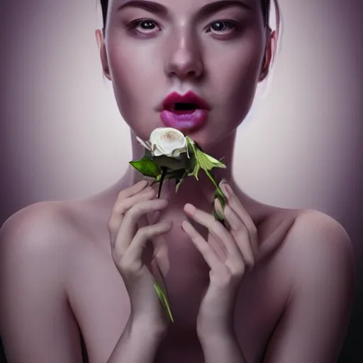 Prompt: hight focus of a wonderful realistic sweet wonderful symmetrical portrait of a lady with a clear skin she is eating a realistic white rose, dramatic light, cinematic, artstation, octane render 8 k s 1