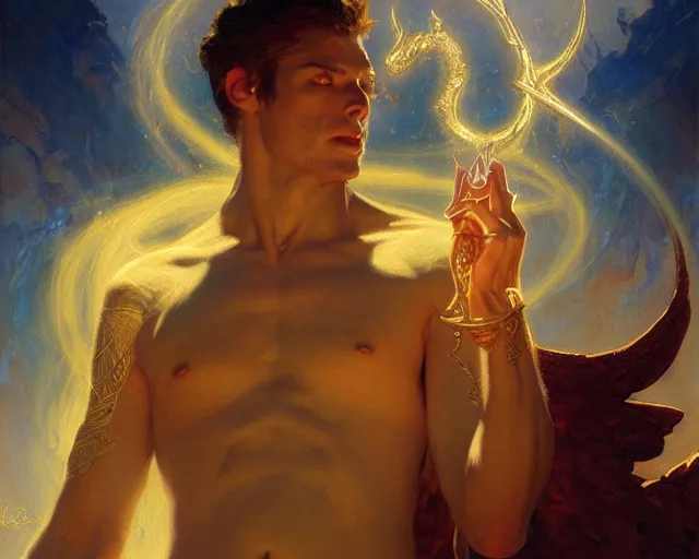 Image similar to attractive male deity, casting demonic magic, summoning handsome lucifer morning star. highly detailed painting by gaston bussiere, craig mullins, j. c. leyendecker 8 k