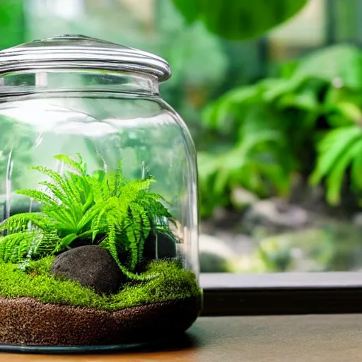 Image similar to a terrarium jar with fittonia plant, fern plant, moss and stone in a tropical atmosphere, mist