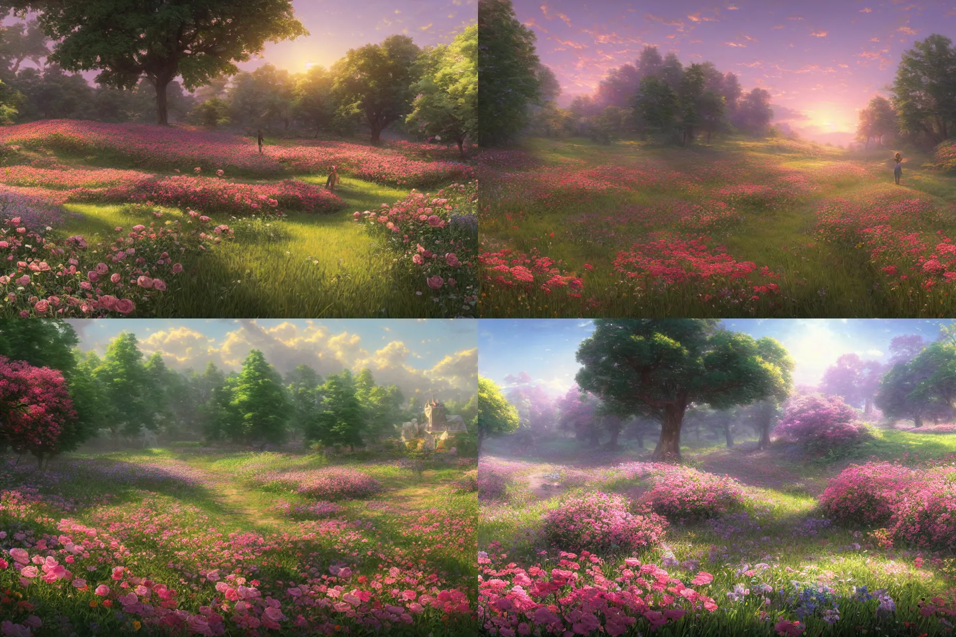 Prompt: Rendering of a scene with a meadow full of roses, by Makoto Shinkai and Thomas Kinkade, fantasy matte painting, trending on cgsociety and unreal engine, light effect, highly detailed, super wide angle