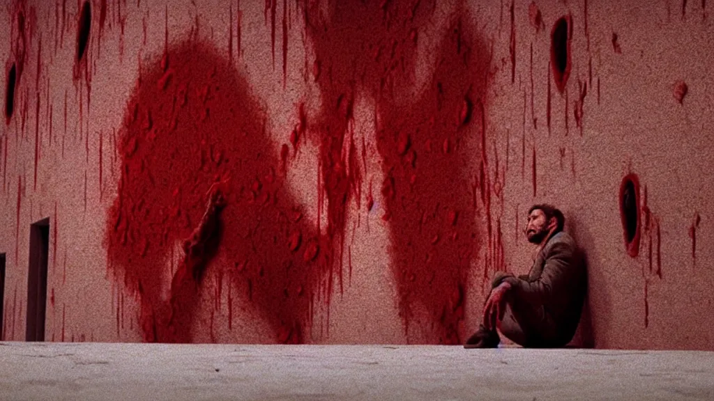 Prompt: the strange creature sits on the wall, made of blood, film still from the movie directed by Denis Villeneuve with art direction by Salvador Dalí, wide lens