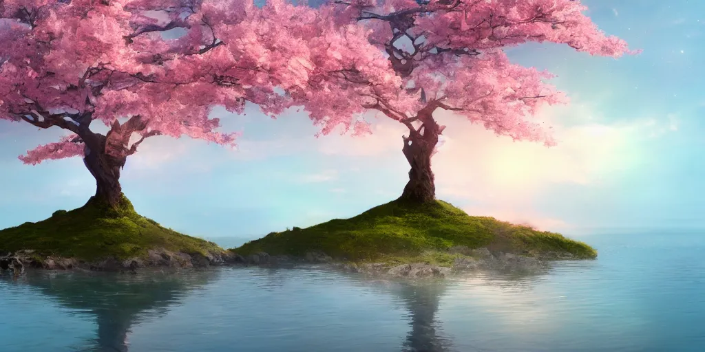 Prompt: a single sakura tree growing upon an island in a lake, illustration, light beams, digital art, oil painting, fantasy, 8 k, trending on artstation, detailed