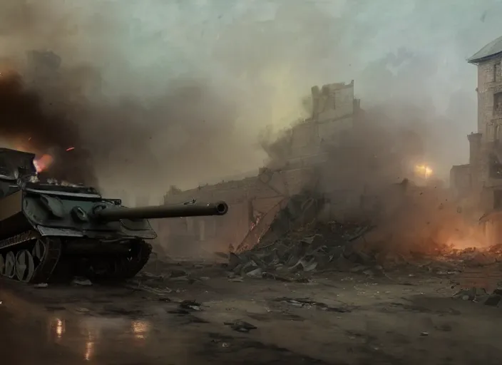 Image similar to A World War 1 Tank firing his gun to a building causing it to collapse and explode, Battlefield 1, extremely detailed digital painting, in the style of Fenghua Zhong and Ruan Jia and jeremy lipking and Peter Mohrbacher, mystical colors, rim light, beautiful Lighting, 8k, stunning scene, raytracing, octane, trending on artstation