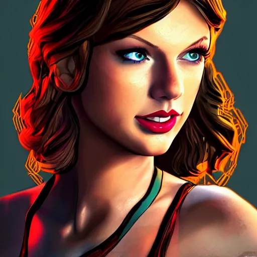 Image similar to taylor swift portrait, borderlands, tales from the borderlands, the wolf among us, comic, cinematic lighting, studio quality, 8 k