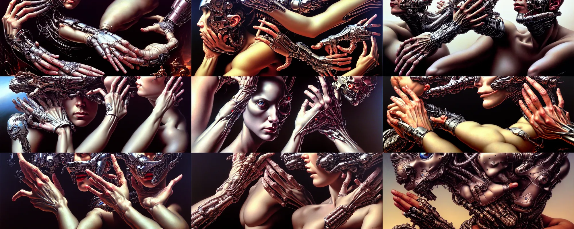 Prompt: human hand fantasy art portrait, ultra realistic, cinematic, wide angle, intricate details, cyborg, highly detailed by boris vallejo, caravaggio, aaron horkey, wayne barlowe, craig mullins, roberto ferri, hajime sorayama