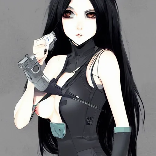 Image similar to upper body portrait of a beautiful girl with long black hair, wearing black riot gear, holding AR-15, drawn by WLOP, by Avetetsuya Studios, attractive character, colored sketch anime manga panel, trending on Artstation