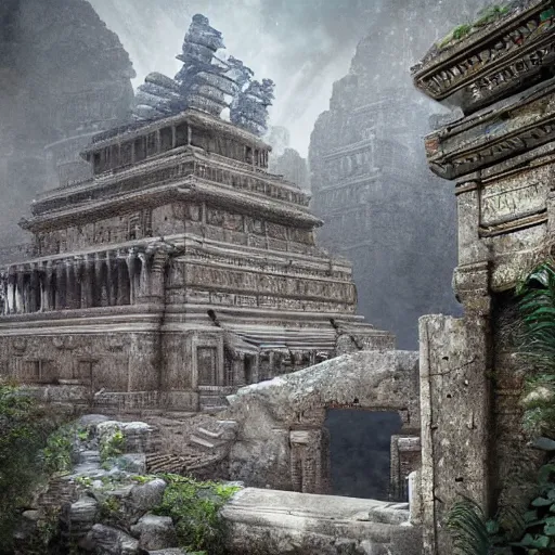 Prompt: realistic hyper detailed hard surface modelled 3 d geometry, tomb raider temple ruins, deep perspective, wide angle, insanely detailed and intricate, ornate patterned people, by sir james guthrie