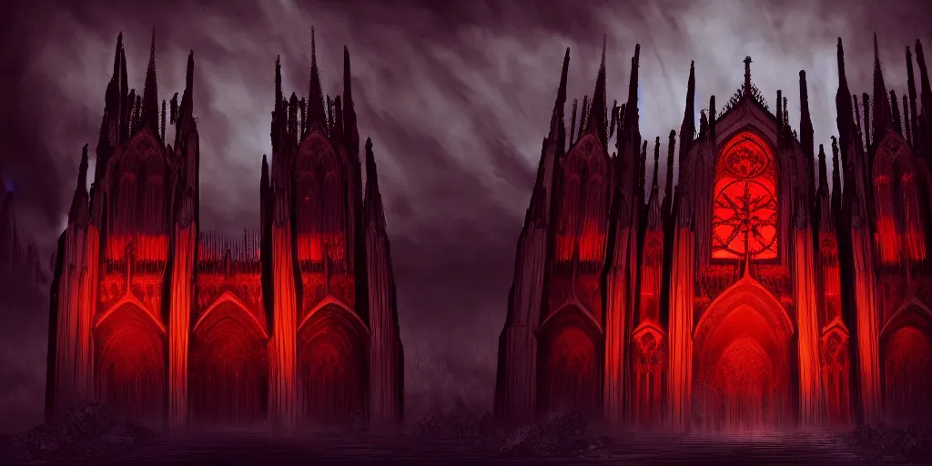 Prompt: dark gothic cathedral, gothic architecture, at the top of a red rock canyon, artstation concept art, beautiful matte painting, ultrawide angle, red and orange and black color palette, chiaroscuro lighting