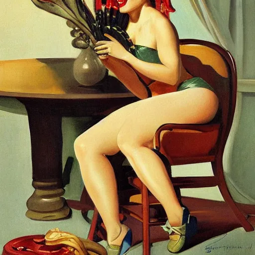 Prompt: A very beautiful painting of a leek sitting on the chair by Enoch Bolles and Gil Elvgren