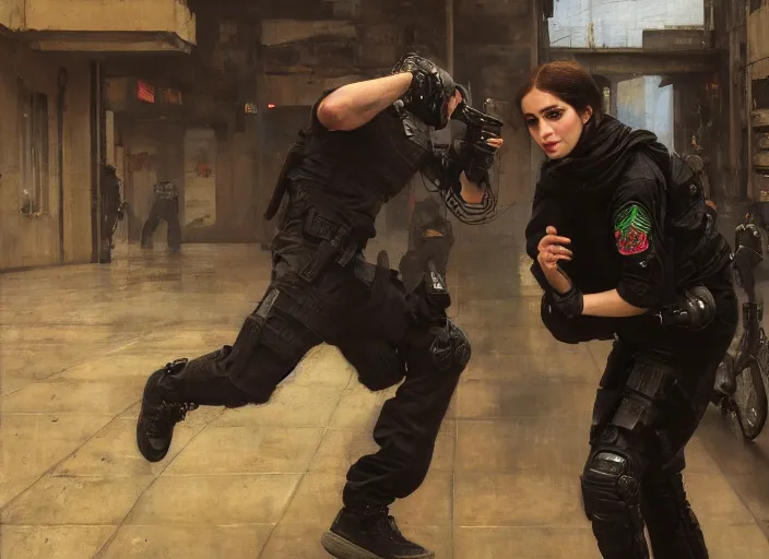 Image similar to Maria evades sgt Nash. Cyberpunk hacker in jumpsuit escaping menacing police troopers (blade runner 2049). beautiful face. armbar. Iranian orientalist portrait by john william waterhouse and Edwin Longsden Long and Theodore Ralli and Nasreddine Dinet, oil on canvas. Cinematic, hyper realism, realistic proportions, dramatic lighting, high detail 4k