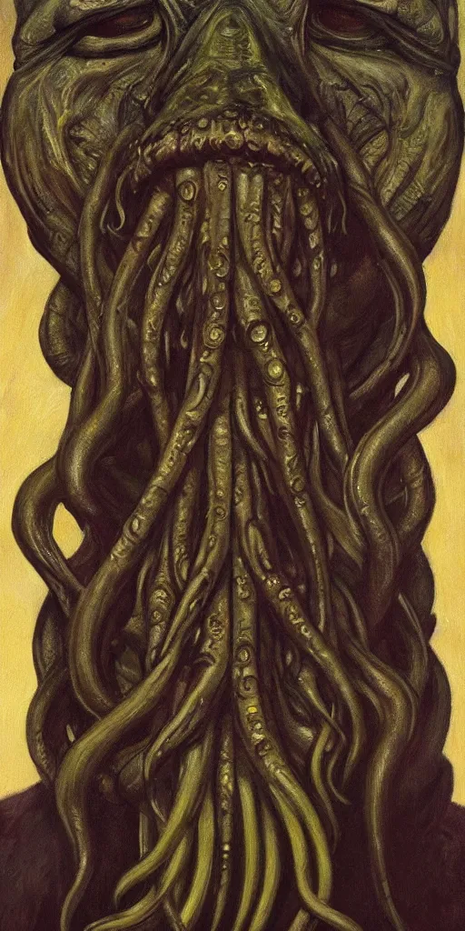 Image similar to a stunning and noble highly detailed portrait of cthulhu by h. r giger and edward hopper, trending on artstation, oil painting masterpiece, symmetry, mysterious, very very very aesthetic