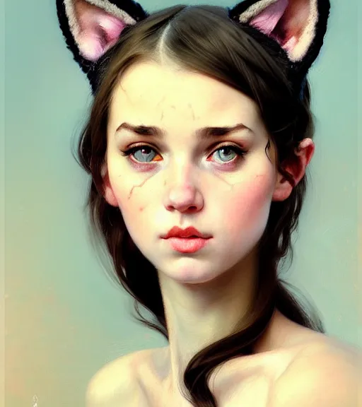 Image similar to girl with cat ears, close up portrait, moonlight, highkey, brunette, realistic, serov, surikov, vasnetsov, repin, kramskoi, paint texture, uplight, insanely detailed and intricate, charlie bowater, tom bagshaw, norman rockwell, octane rendered, unreal engine, illustration, trending on artstation, 8 k