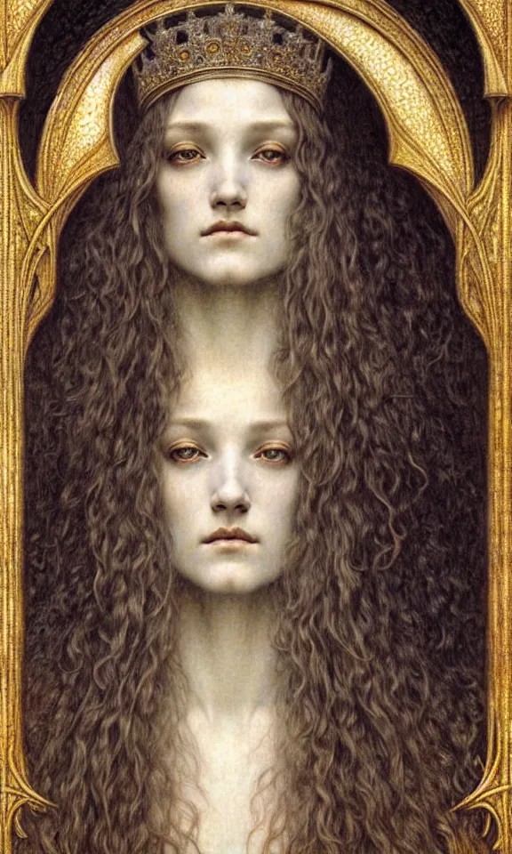 Image similar to detailed realistic beautiful young medieval queen face portrait by jean delville, gustave dore and marco mazzoni, art nouveau, symbolist, visionary, gothic, pre - raphaelite. horizontal symmetry