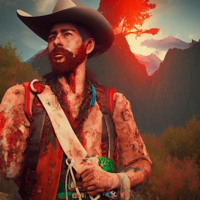 Image similar to a portrait of a bloody mysterious colorful cowboy in a mountain scenery, cartoon, unreal engine, octane render, artstation, digital art.