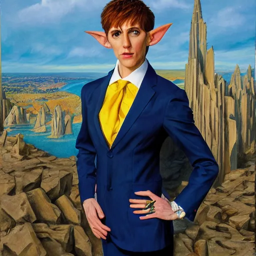 Prompt: portrait of a beautiful androgynous actress with medium-length messy spiked auburn hair and pointed elf ears and dressed in a blue men's suit with a yellow tie, standing on a stone bridge with a fantasy metropolis of tall stone towers in the background, oil painting in the style of Alex Ross