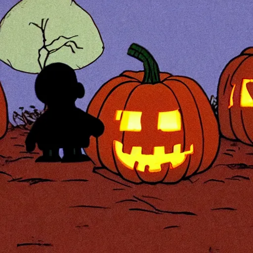 Prompt: pumpkin monster in the blair witch project, charlie brown and linus, night time, ominous,