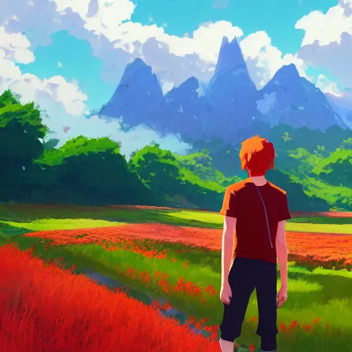 Prompt: red haired teen boy, flower fields and mountains and forest in the background, digital painting, artstation, highly detailed, by makoto shinkai and thomas kindle and James gilleard