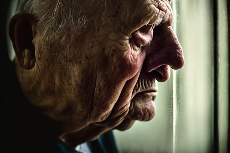 Image similar to a cinematic, close up portrait, of an old man, looking in the window, sad, dramatic, soft light, dreamy, facial features, stood in a cell, with prison clothing, detailed, deep focus, movie still, dramatic lighting, ray tracing, by hendrik kerstens and paolo roversi