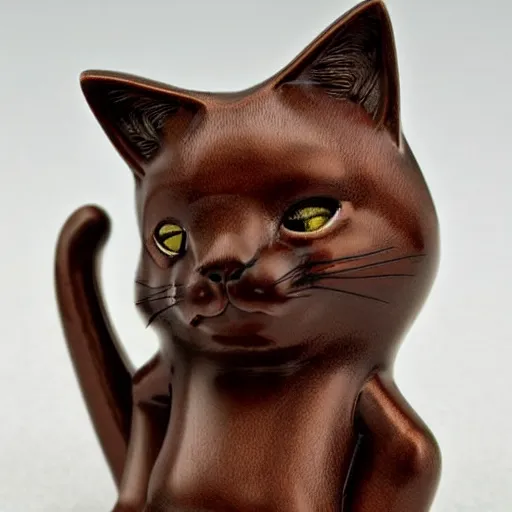 Image similar to demure anthropomorphic cat figurine wearing a kimono, brown resin, highly detailed, intricate, monotone, shy looking down