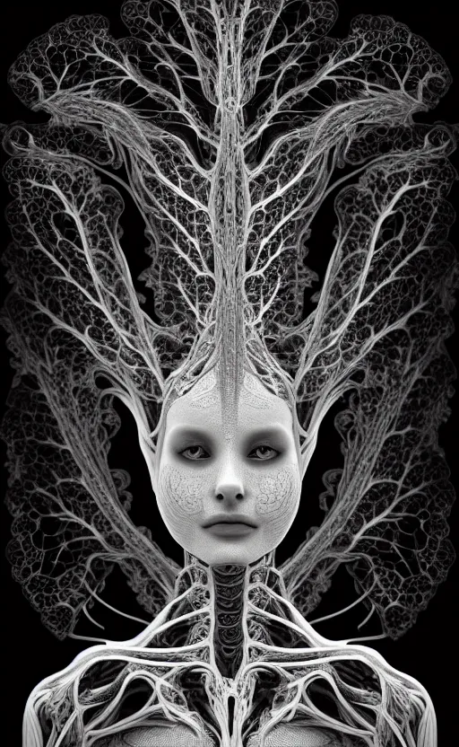 Image similar to a black and white high quality photo of a young beautiful female queen-vegetal-dragon-cyborg bust with a very long neck and Mandelbrot fractal face, Mandelbrot fractal skin, flesh, anatomical, facial muscles, veins, arteries, elegant, highly detailed, flesh highly baroque ornate, hair are wired cables, elegant, high fashion, rim light, octane render, in the style of Cindy Sherman, Realistic, Refined, Digital Art, Highly Detailed, Cinematic Lighting, rim light, black and white, photo-realistic, 8K