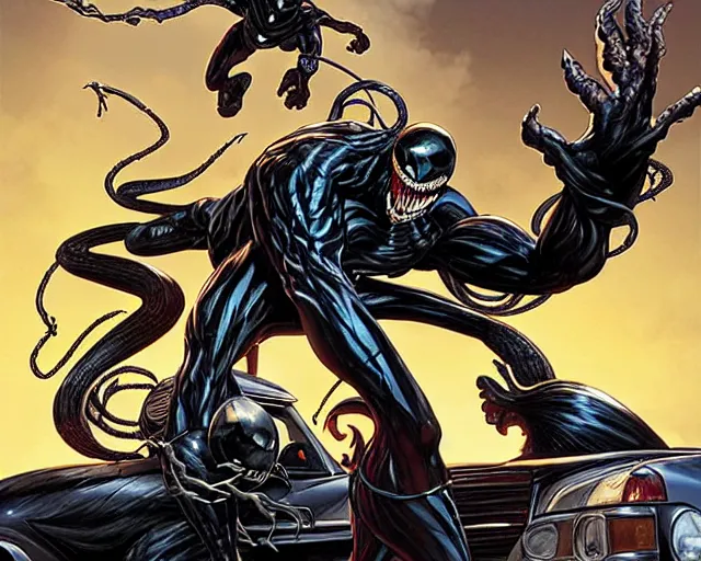 Image similar to Venom standing on top of a wrecked car in the city, open arms art by Clayton Crain, Javier Garron and Gerardo Sandoval