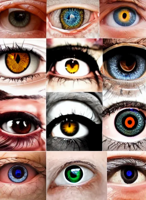 Image similar to diverse eyes!, dot pupils, round pupil, happy human eyes, round iris, advanced art, art styles mix, from wikipedia, grid of styles, various eye shapes