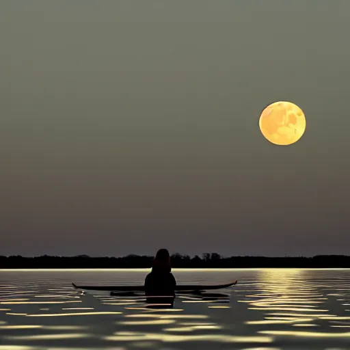 Image similar to A beautiful small boat alone on a lake at twilight with calm waters, the moon shines from above causing light ripples in the water. A small and calm traveller sits in the boat, at prace with himself and the world. A digital art piece designed by psychologists to calm a troubled mind. Tranquil dreams of tepid water, a photo frozen in time. Trending on art station, an award winning masterpiece