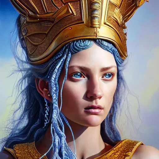 Image similar to hyperrealistic mixed media painting of beautiful goddess Athena, stunning 3d render inspired art by P. Craig Russell and Barry Windsor-Smith, perfect facial symmetry, dim volumetric lighting, 8k octane beautifully detailed render, post-processing, portrait, extremely hyper-detailed, intricate, epic composition, cinematic lighting, masterpiece, trending on artstation, very very detailed, masterpiece, stunning