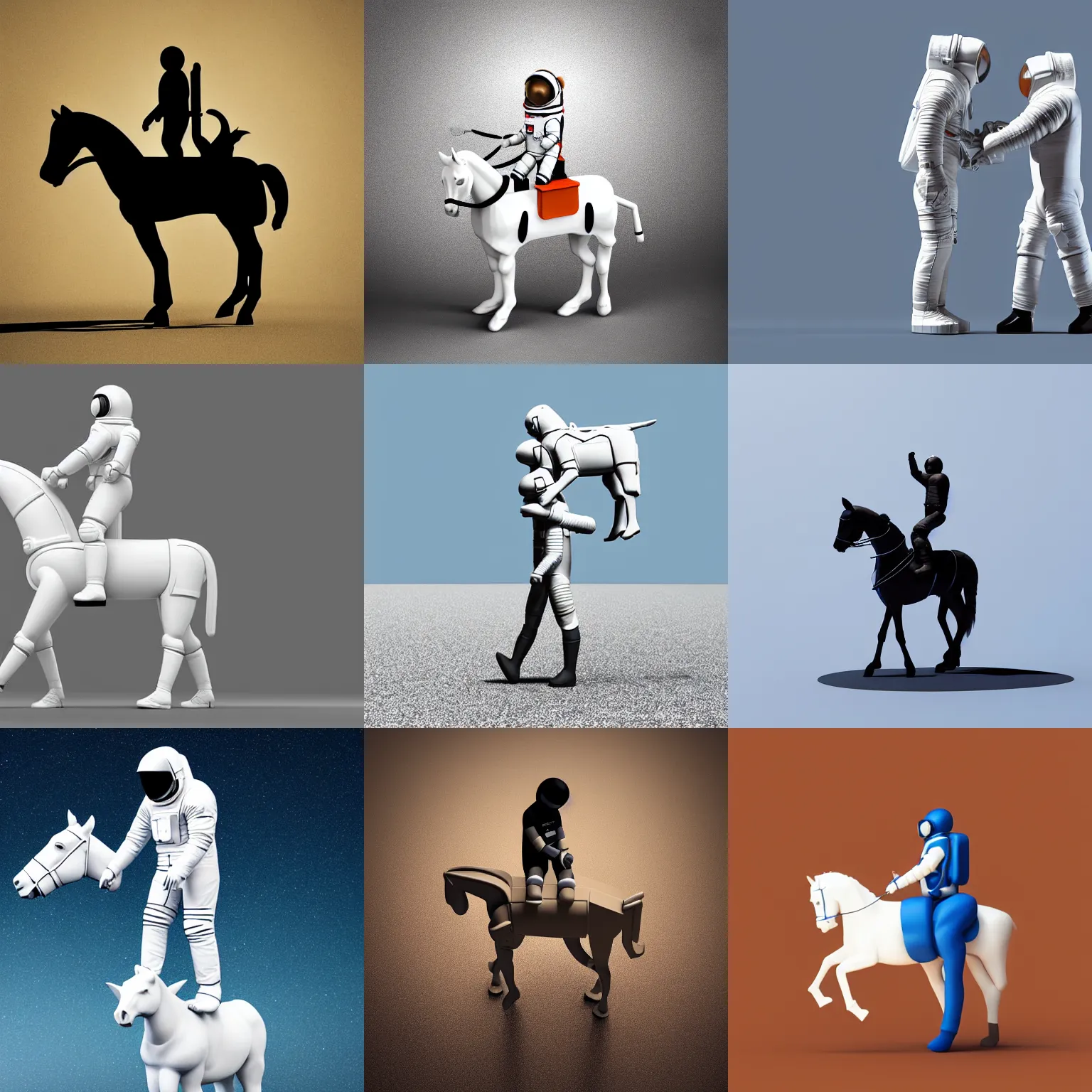 Prompt: an astronaut standing on the ground and a small centaur standing on the human, trying to ride it the horse is on his shoulders minimalist style, 3 d render, isometry