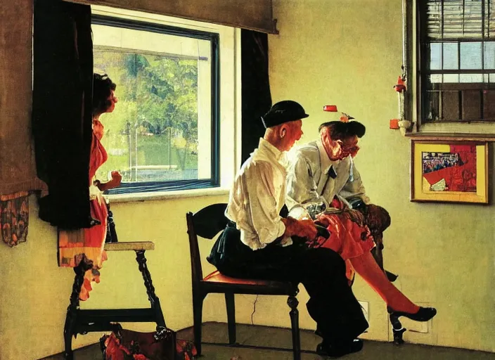 Image similar to a laughing man sitting by the window, a slim woman in the background, norman rockwell