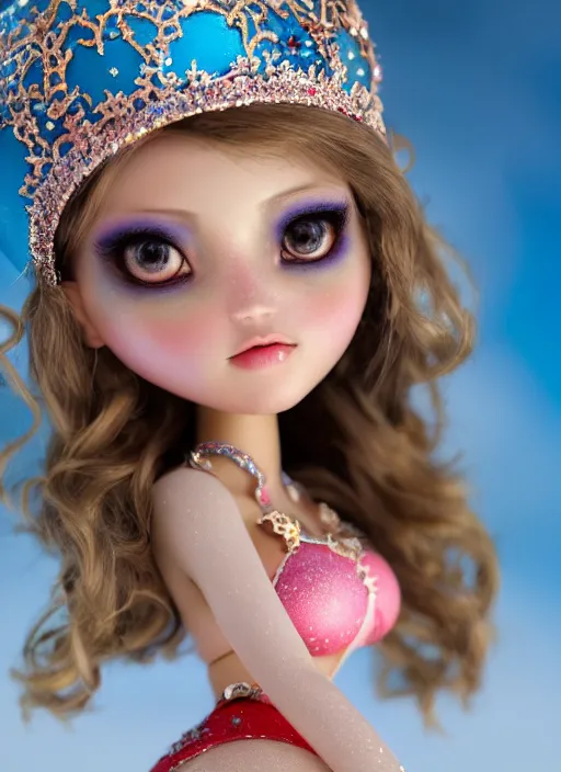 Image similar to closeup profile portrait of tin toy fairytale princess ice snow bikini girl, depth of field, zeiss lens, detailed, symmetrical, centered, fashion photoshoot, by nicoletta ceccoli, mark ryden, lostfish, breathtaking, 8 k resolution, extremely detailed, beautiful, establishing shot, artistic, hyperrealistic, octane render