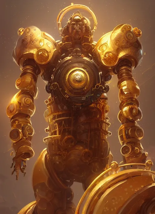 Prompt: a highly detailed illustration of gentle colossal golden mechanical gear giant, with cute doting eyes, intricate, elegant, highly detailed, centered, digital painting, artstation, concept art, smooth, sharp focus, league of legends concept art, wlop.