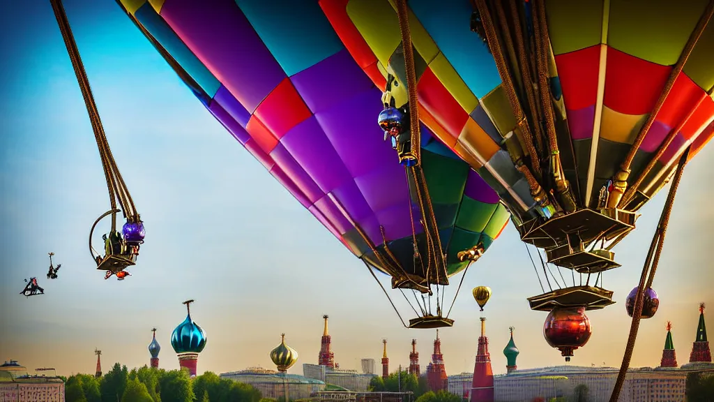 Image similar to large colorful futuristic space age metallic steampunk steam - powered balloons with pipework and electrical wiring around the outside, and people on rope swings underneath, flying high over the beautiful moscow city landscape, professional photography, 8 0 mm telephoto lens, realistic, detailed, photorealistic, photojournalism