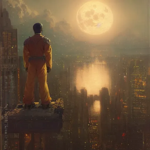 Prompt: saitama floating high in the night, fantasy, full moon in background. highly detailed painting by gaston bussiere, craig mullins, j. c. leyendecker, mid shot, 8 k realistic, cryengine, frostbite 3 engine, sharp focus