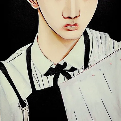 Image similar to full body painting of grumpy handsome thin beautiful man in his 2 0 s named min - jun in a french female maid outfit, modern clothing, elegant, clear, painting, stylized, delicate facial features, stylized thin lines, soft but grumpy, highly detailed, art, art by egon alphonse