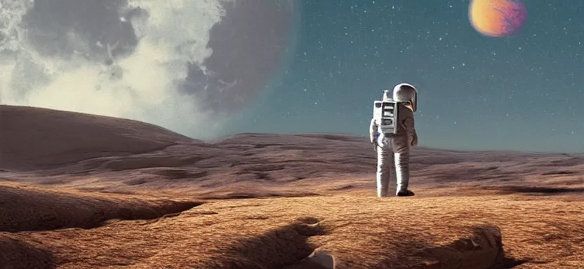 Prompt: matte painting of an astronaut walking in a marcian landscape, at the background is the earth