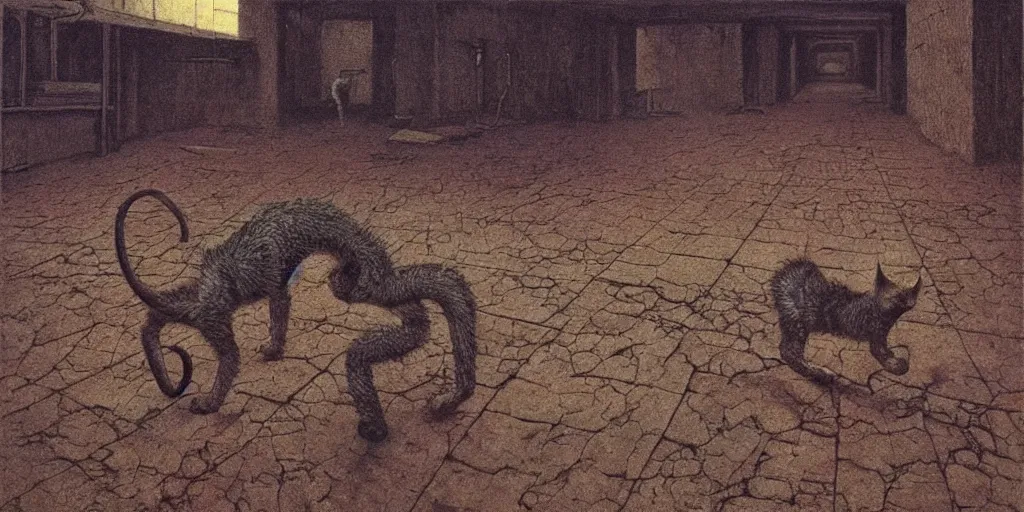 Image similar to cyberpunk demon kitten walking in a dystopian wasteland, Beksinski, MC Escher