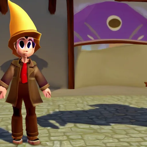 Prompt: screenshot of a cute humanoid inspector dragon with a brown trenchcoat as an npc in spyro the dragon video game, with playstation 1 graphics, activision blizzard, upscaled to high resolution