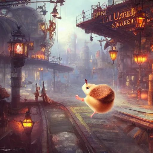 Image similar to oil painting of hamster riding giant duck, steampunk clothes, steampunk city background, sharp focus, fantasy style, octane render, volumetric lighting, 8k high definition, by greg rutkowski, highly detailed, trending on art Station, explosions, centered