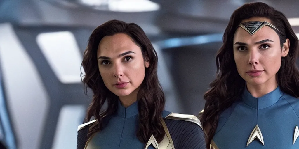 Image similar to gal gadot, in full starfleet uniform, is the captain of the starship enterprise in the new star trek movie