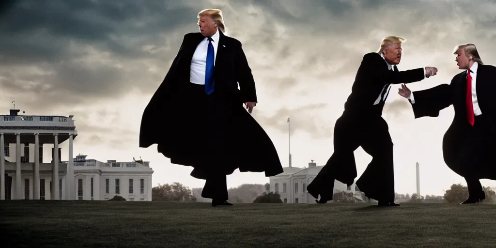 Prompt: a professional cinematic photo of donald trump fighting voldemort on top of white house. extremely high fidelity. key light.