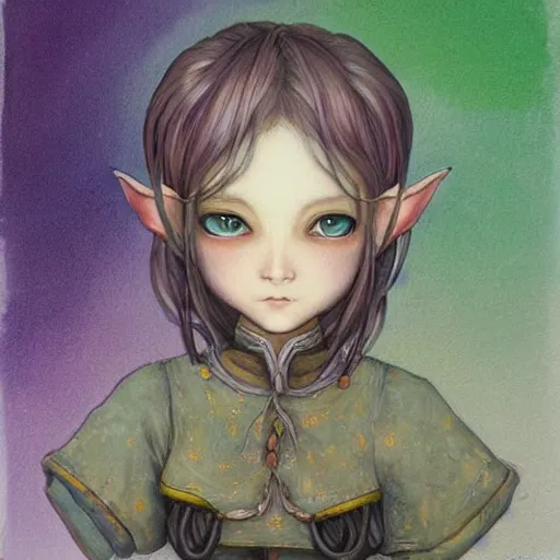 Image similar to little elf tomboy, tunic, soft hair. light color palate, purple, yellow and white. detailed soft painting, ayami kojima, made in abyss, anatomically correct, inspired in balthus