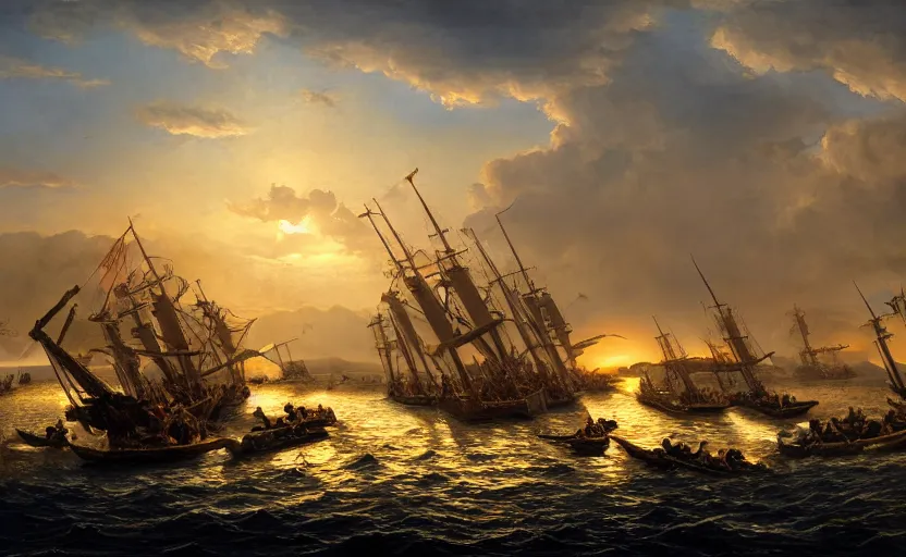 Image similar to the battle of salamis, photography, golden hour, extremely detailed, 4 k