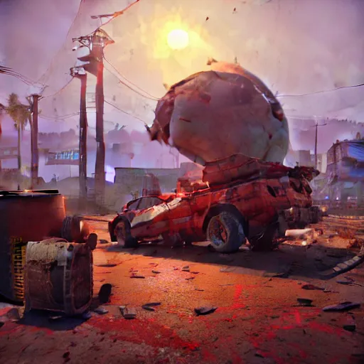 Image similar to huge pack of dynamite on a red rusty oil - drum in gta v, stephen bliss, unreal engine, fantasy art by greg rutkowski, loish, rhads, ferdinand knab, makoto shinkai and lois van baarle, ilya kuvshinov, rossdraws, tom bagshaw, global illumination, detailed and intricate environment