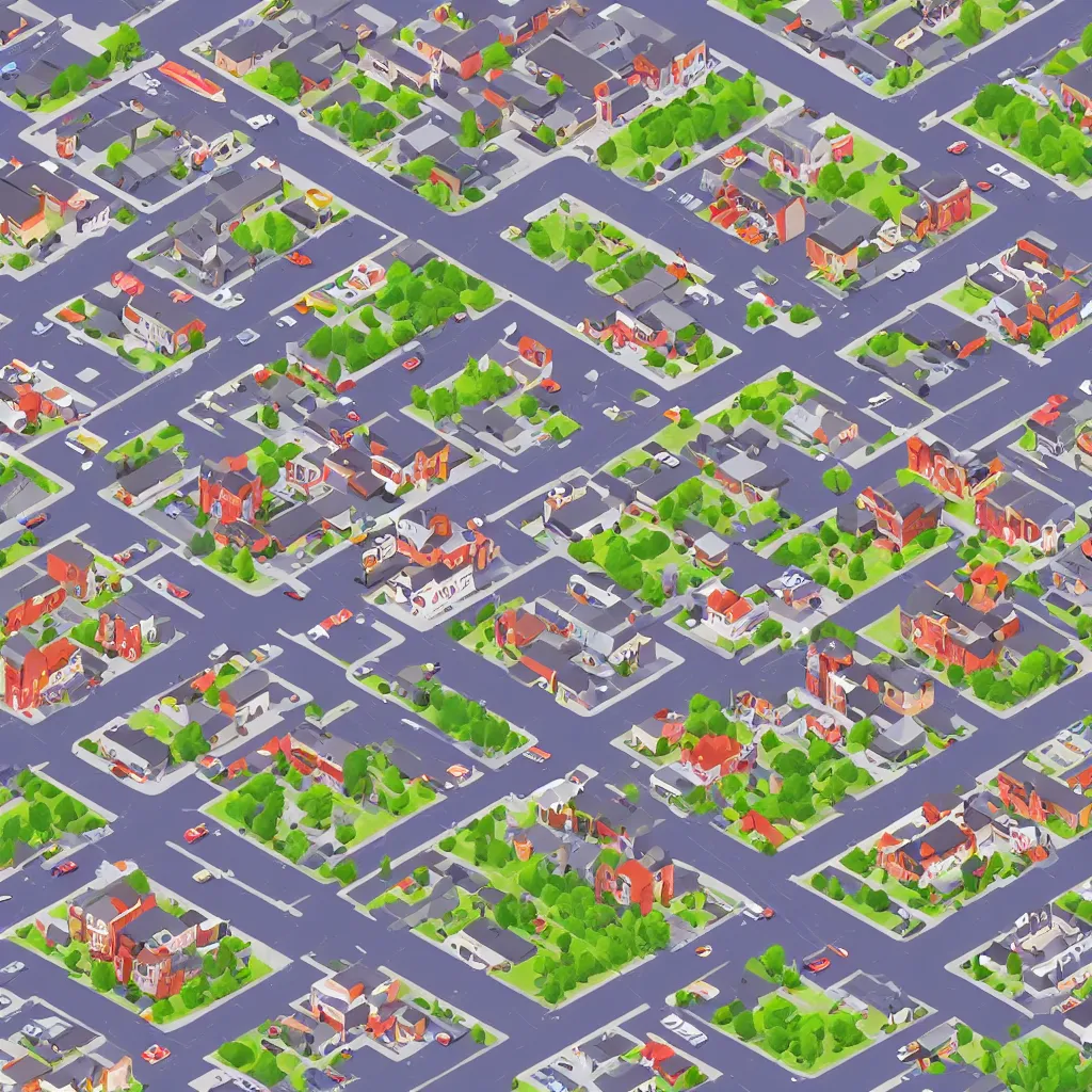 Prompt: isometric view a small town