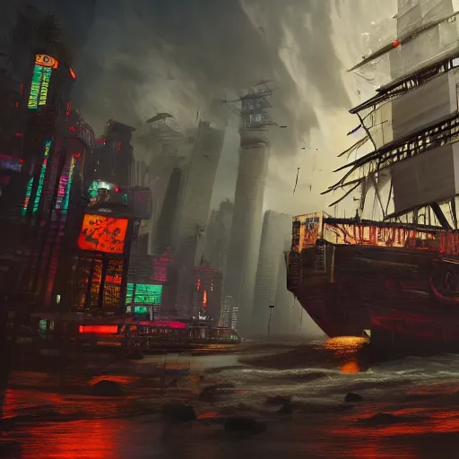 Image similar to high quality photo of a pirate ship in a cyberpunk cyberpunk cyberpunk city, realism, 8k, award winning photo